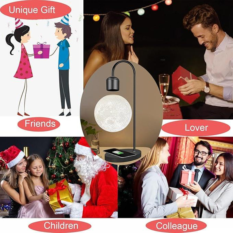 【MUNBYN Magnetic Levitating Moon Lamp】 Levitation Plastic Black Table LED Night Light Zero-Gravity Floating Desk Toys for Decoration Gifts Present with Phone Wireless Charging Pad
