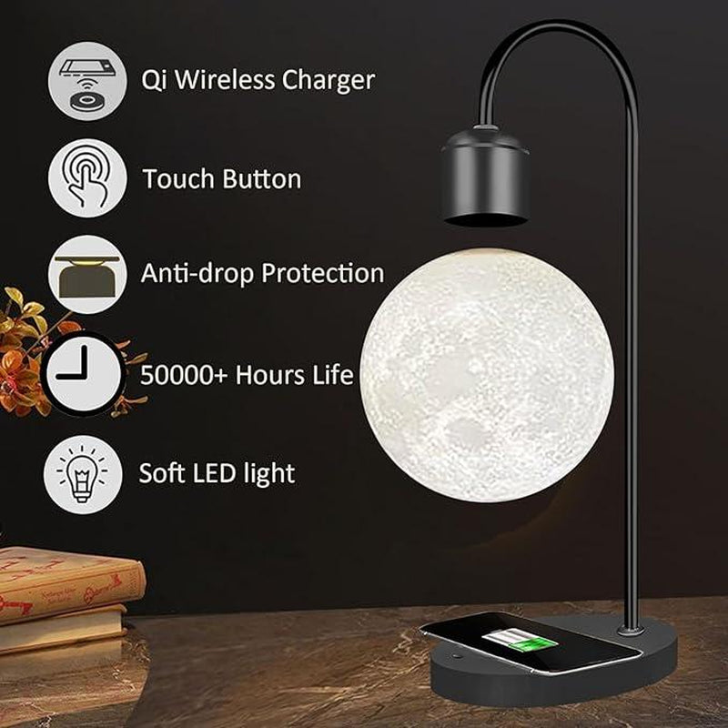 【MUNBYN Magnetic Levitating Moon Lamp】 Levitation Plastic Black Table LED Night Light Zero-Gravity Floating Desk Toys for Decoration Gifts Present with Phone Wireless Charging Pad