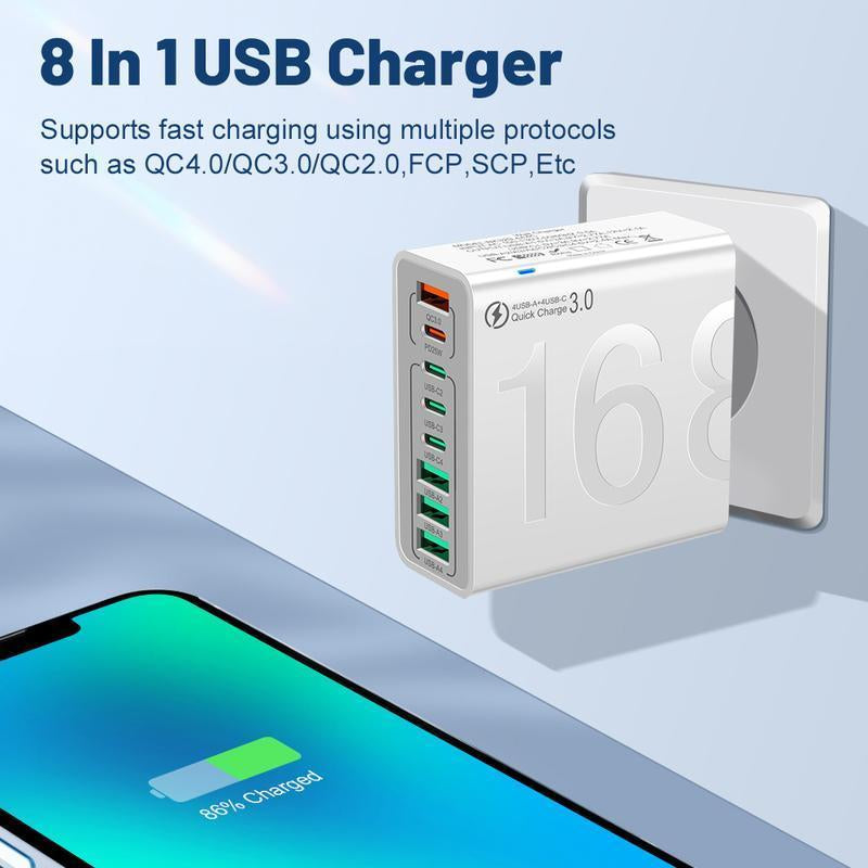 Smart Charger 8-Port Fast Charging USB Hub 4 USB-C 4 USB-A Portable with Quick Charge 3.0 Intelligent Temperature Control Technology for Phones Tablets & More