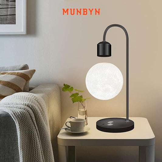 【MUNBYN Magnetic Levitating Moon Lamp】 Levitation Plastic Black Table LED Night Light Zero-Gravity Floating Desk Toys for Decoration Gifts Present with Phone Wireless Charging Pad