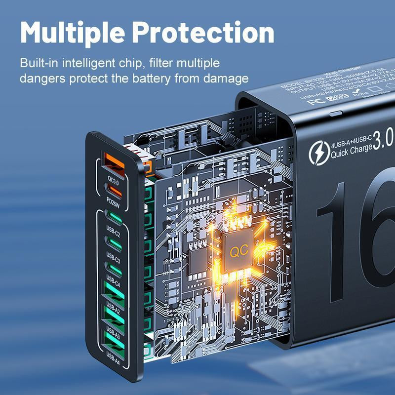 Smart Charger 8-Port Fast Charging USB Hub 4 USB-C 4 USB-A Portable with Quick Charge 3.0 Intelligent Temperature Control Technology for Phones Tablets & More