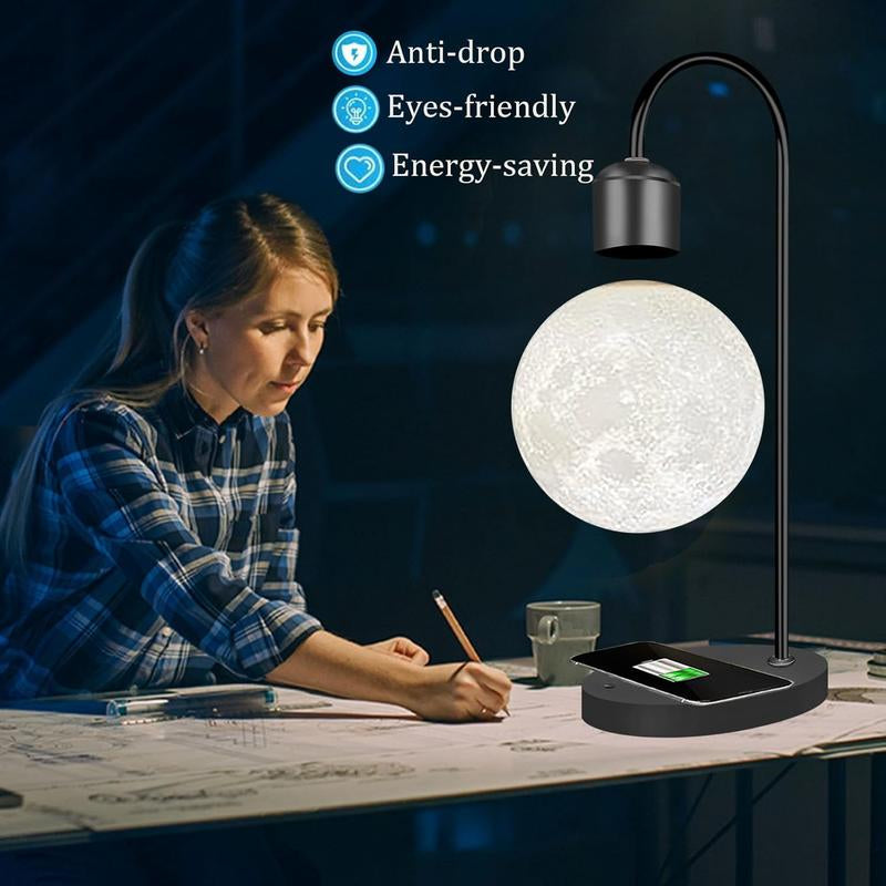 【MUNBYN Magnetic Levitating Moon Lamp】 Levitation Plastic Black Table LED Night Light Zero-Gravity Floating Desk Toys for Decoration Gifts Present with Phone Wireless Charging Pad
