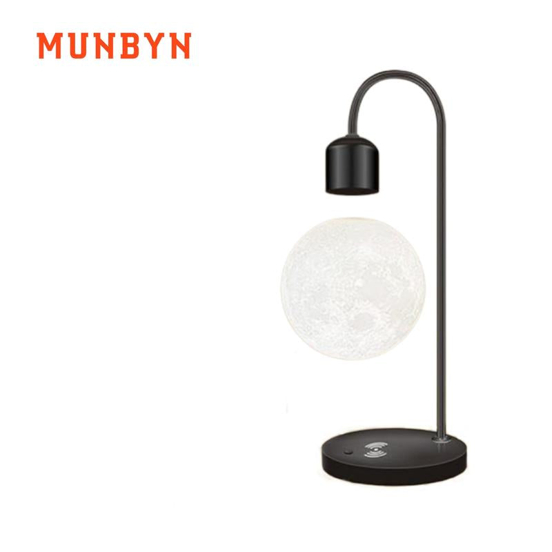 【MUNBYN Magnetic Levitating Moon Lamp】 Levitation Plastic Black Table LED Night Light Zero-Gravity Floating Desk Toys for Decoration Gifts Present with Phone Wireless Charging Pad