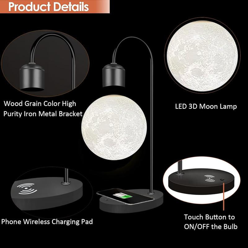 【MUNBYN Magnetic Levitating Moon Lamp】 Levitation Plastic Black Table LED Night Light Zero-Gravity Floating Desk Toys for Decoration Gifts Present with Phone Wireless Charging Pad