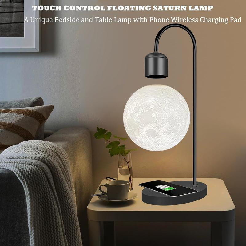 【MUNBYN Magnetic Levitating Moon Lamp】 Levitation Plastic Black Table LED Night Light Zero-Gravity Floating Desk Toys for Decoration Gifts Present with Phone Wireless Charging Pad