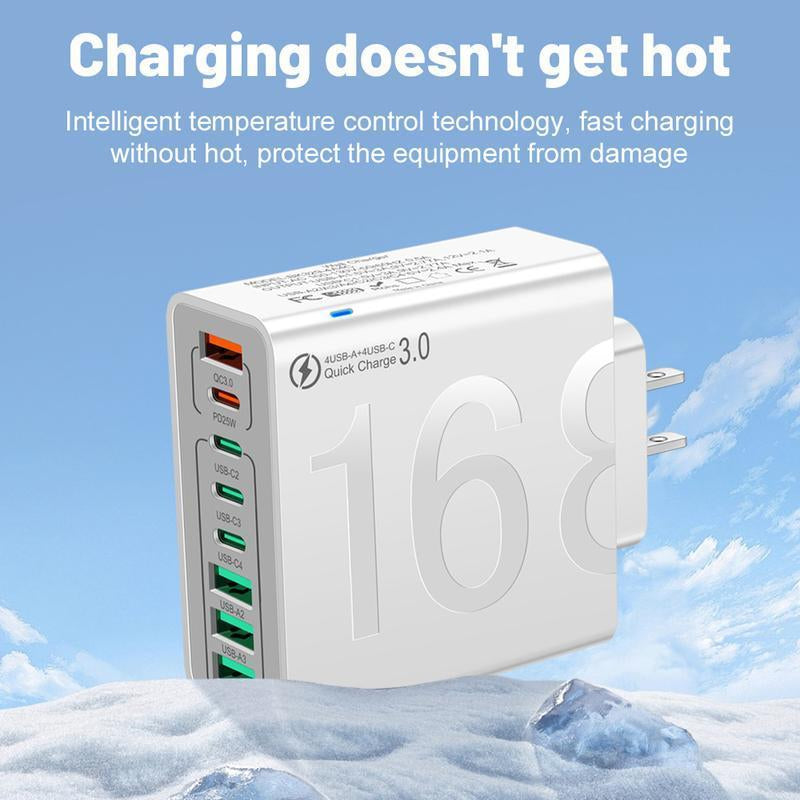 Smart Charger 8-Port Fast Charging USB Hub 4 USB-C 4 USB-A Portable with Quick Charge 3.0 Intelligent Temperature Control Technology for Phones Tablets & More